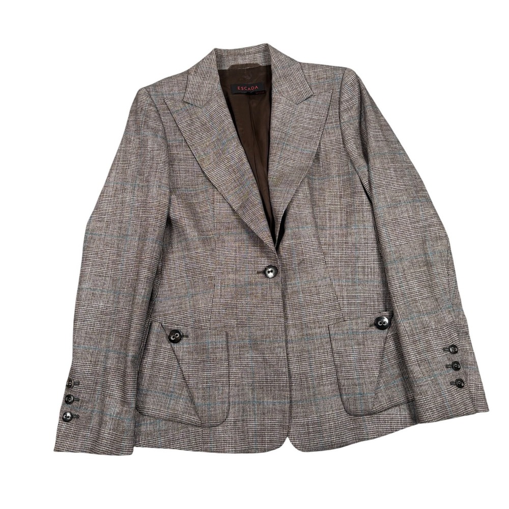 Escada Blazer Jacket Womens 36 (34) Brown Glen Plaid Wool Blend One Button